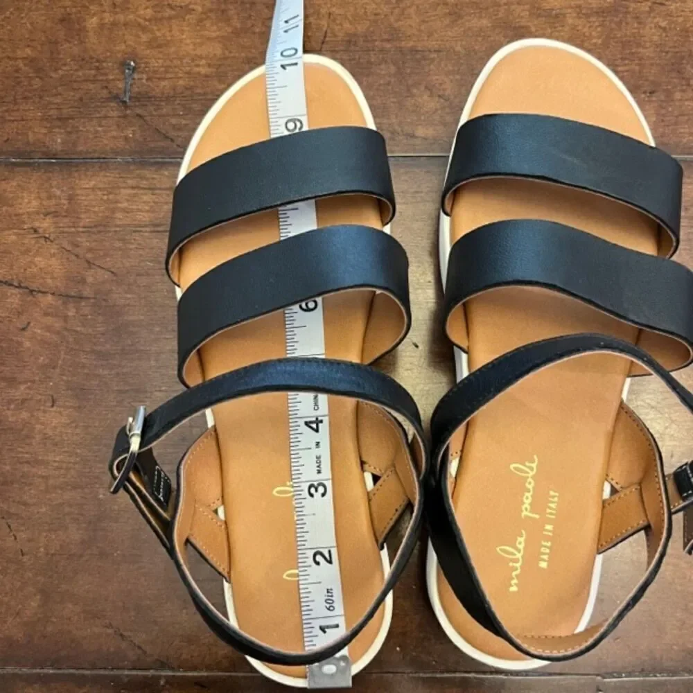 Mila Paoli Platform Sandals Strappy Ankle Buckle Retro‎ Minimalist Black Size 10
